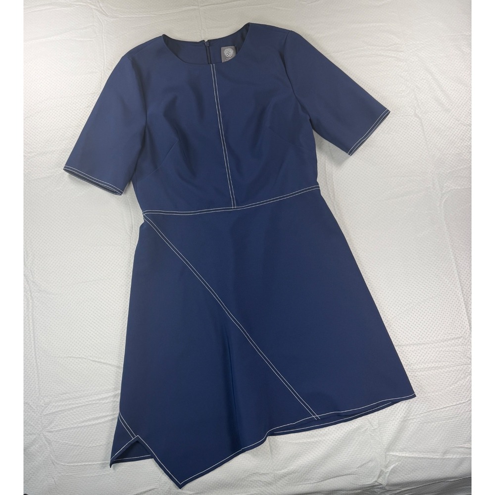 Vince Camuto Dress Women 14 Blue Asymmetrical Hem Contrast Stitch Short Sleeve